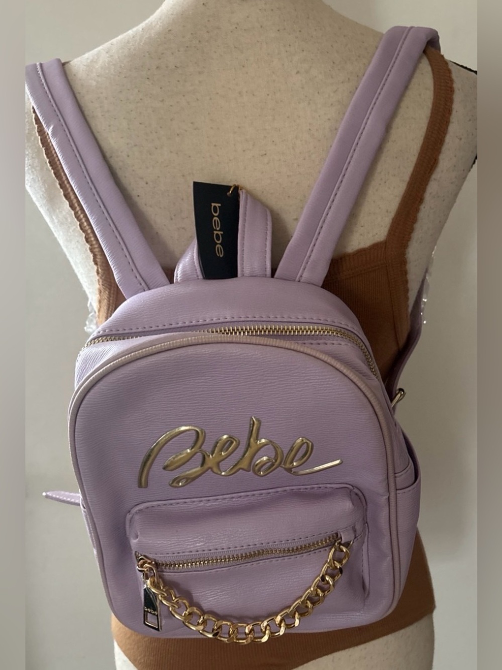 Bebe leather travels Mini backpack bag with gold logo chain accents